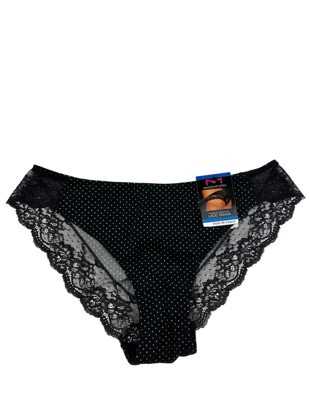Maidenform Comfort Devoation Lace Tanga Panty Size XL Black Polka Dot